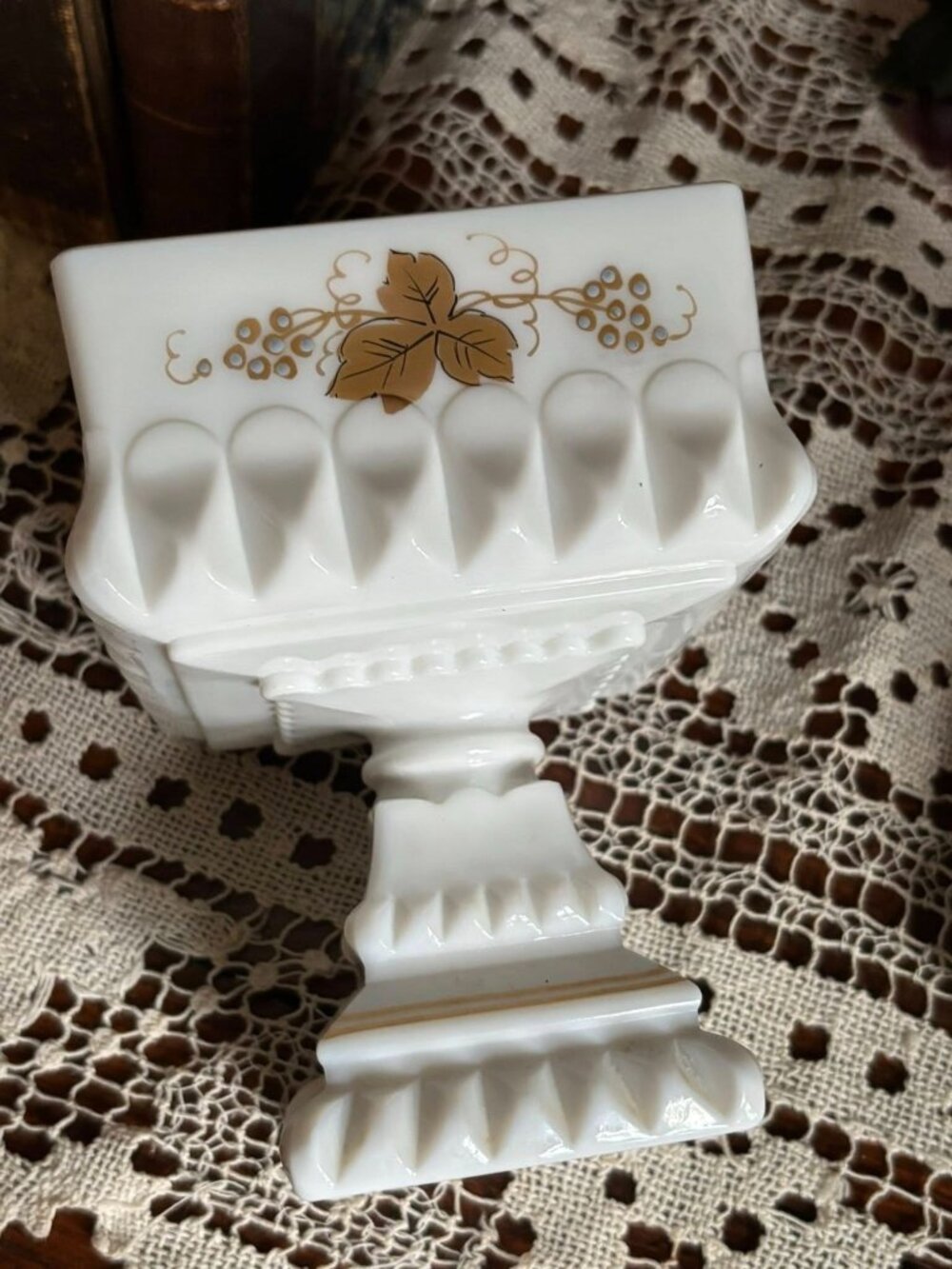 Vintage Westmoreland Milk Glass Covered Candy Dish | Gold Grape Pedestal Compote - Picture 6 of 9